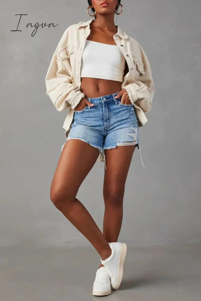Ingvn - Casual Solid Patchwork Turndown Collar Long Sleeve Regular Denim Jacket