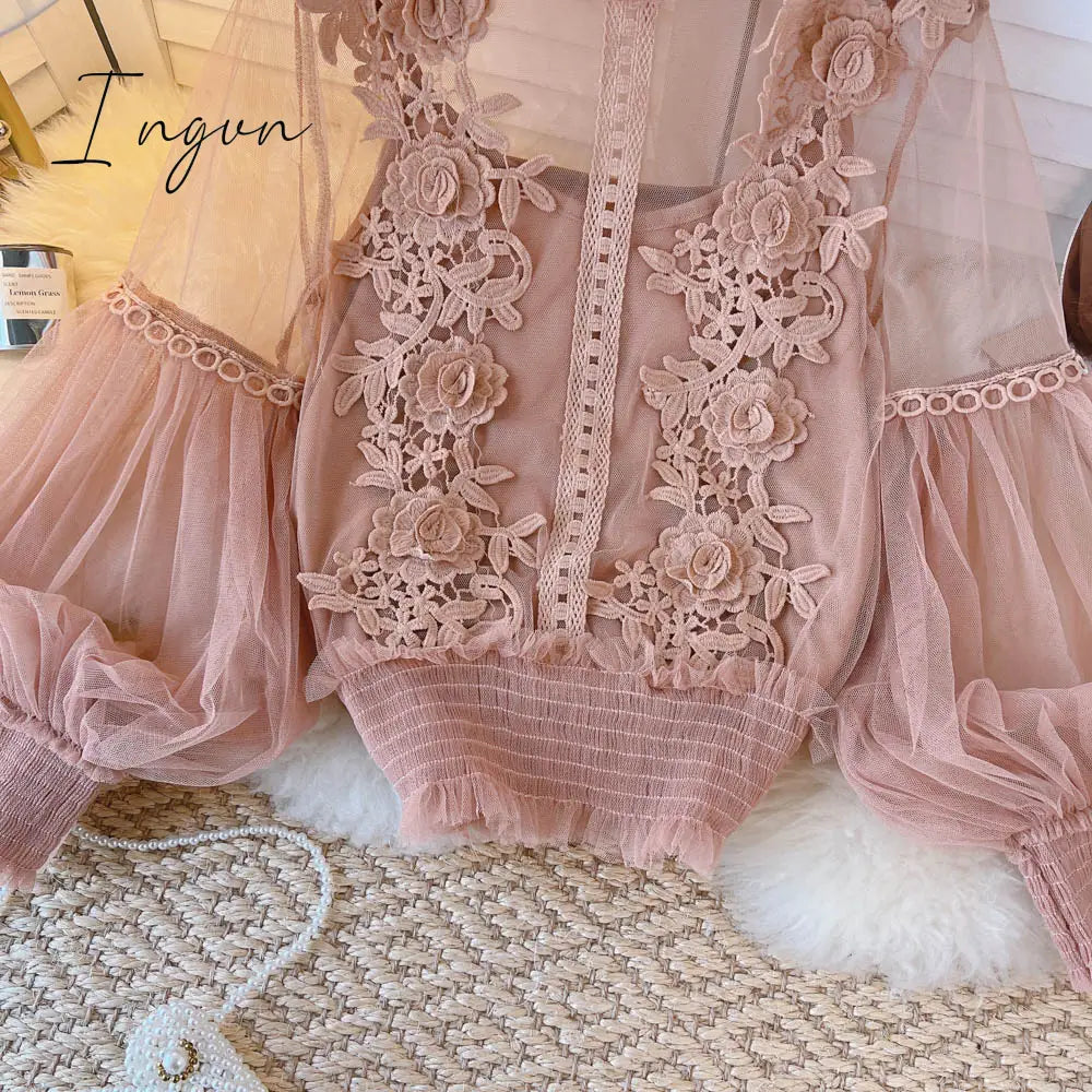 Ingvn - spring Women Mesh Tops Fashion Sexy Sheer Lace Blouse Lantern Sleeve 3D Floral Blouses Shirts Elegant Top Blusas Femininas