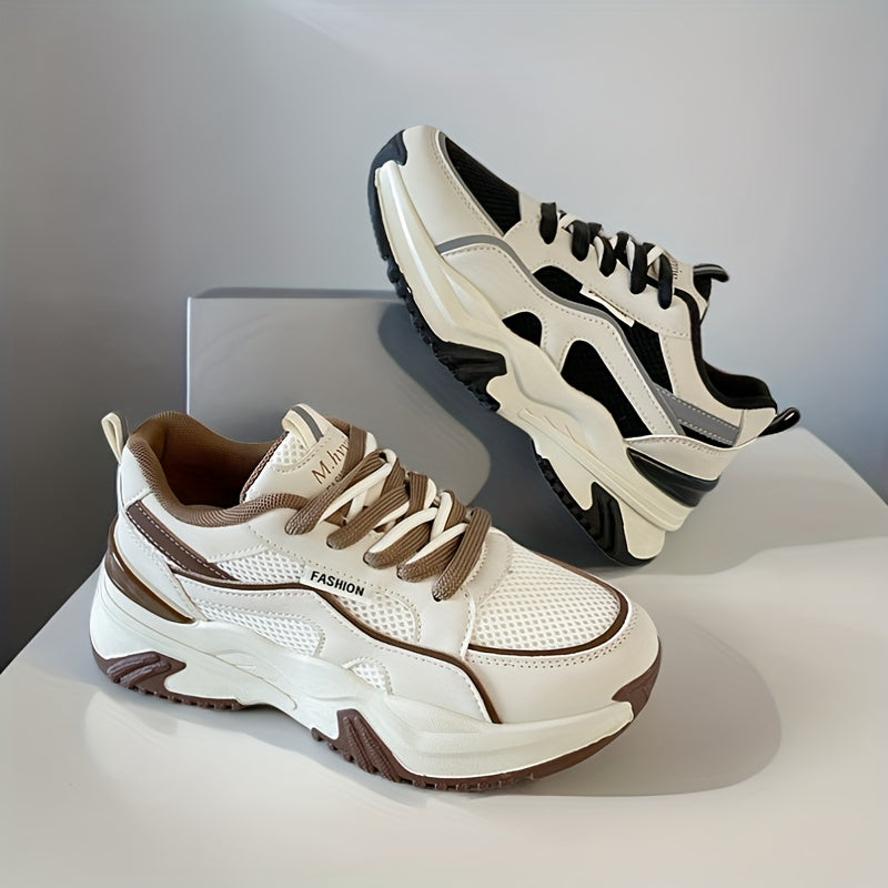 Women's Fashion Contrasting Sneakers, Casual Sports Shoes, Breathable Chunky Sole Lace-Up Design