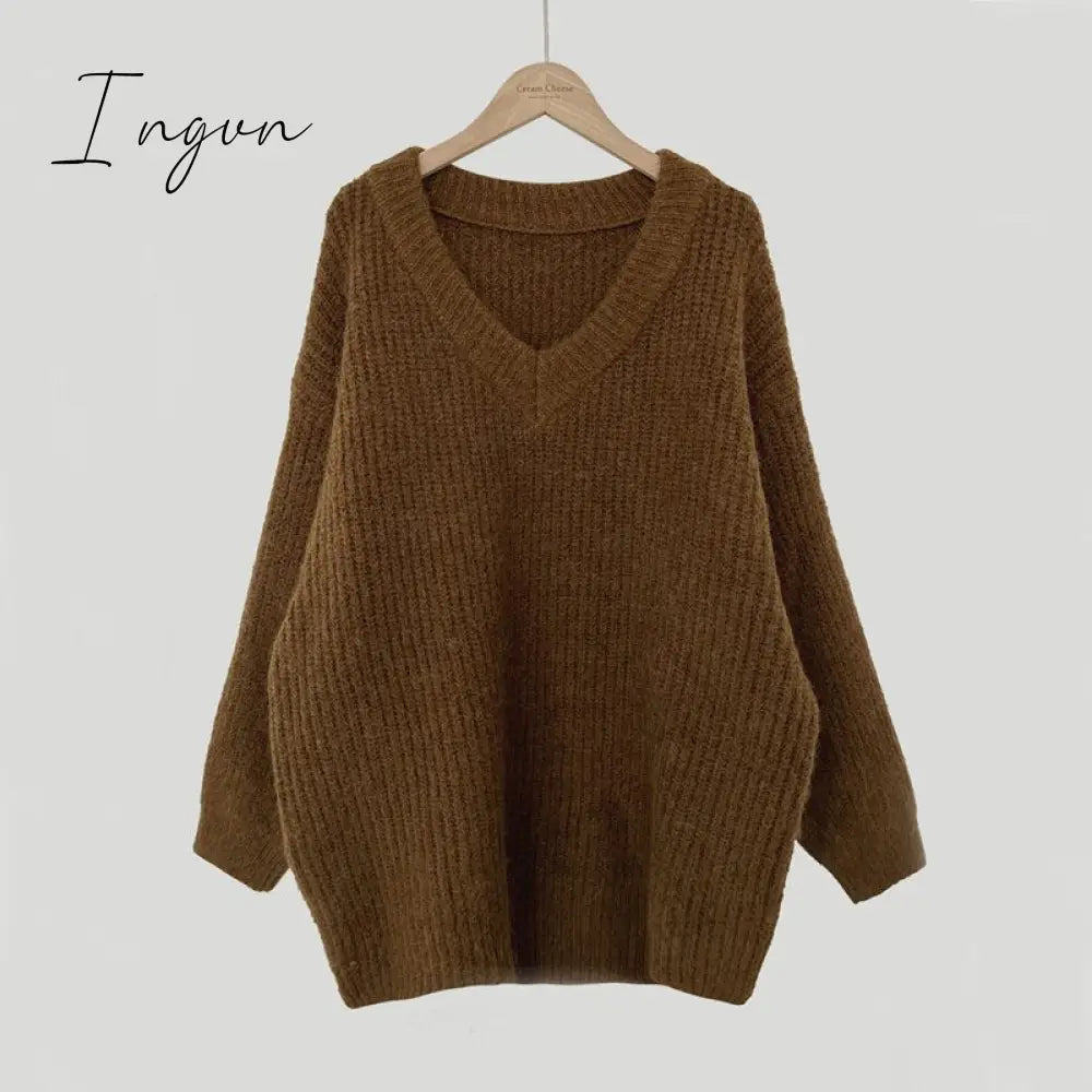 Ingvn - Green Oversized Sweaters for Women Fall Winter 2023 Korean Fashion Long Loose Pullovers V Neck Long Sleeve Jumpers