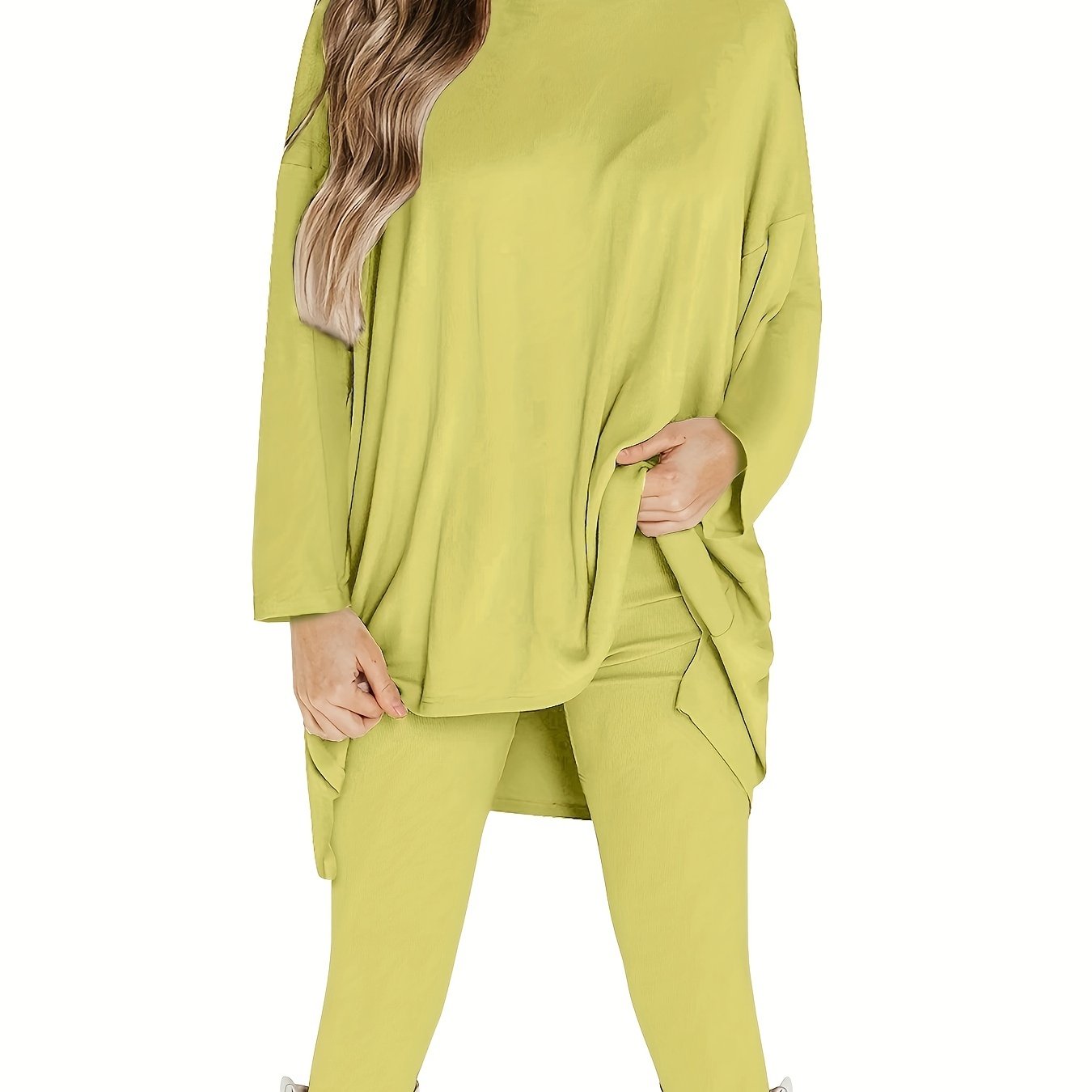 Plus Size Casual Outfits Set, Women's Plus Solid Long Sleeve Round Neck Oversized Top & Leggings Outfits Two Piece Set