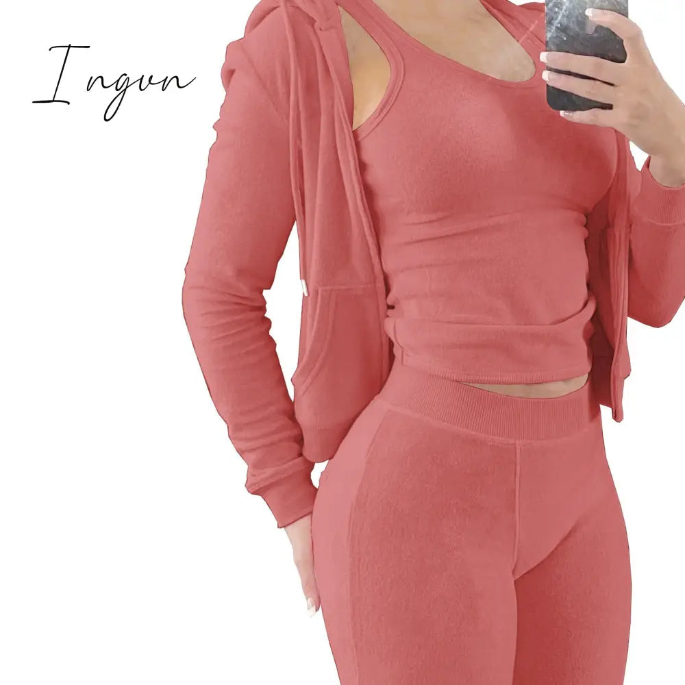 Ingvn - Double Face Fleece Three Piece Set Woman Long Sleeve Vest Hooded Drawstring Sweatpants Winter Sports Jogger Outfits