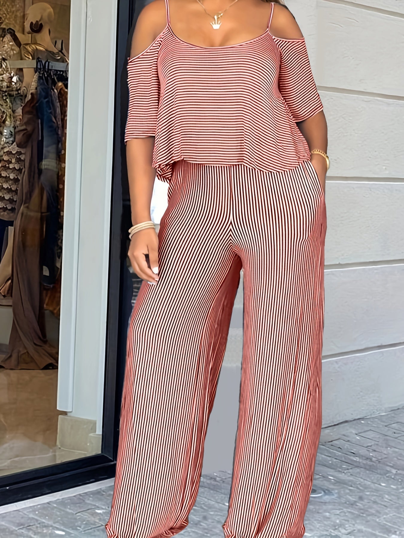 Plus Size Casual Outfits Two Piece Set, Women's Plus Stripe Print Cold Shoulder Top & Wide Leg Pants With Pockets Outfits 2 Piece Set