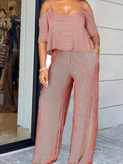 Plus Size Casual Outfits Two Piece Set, Women's Plus Stripe Print Cold Shoulder Top & Wide Leg Pants With Pockets Outfits 2 Piece Set