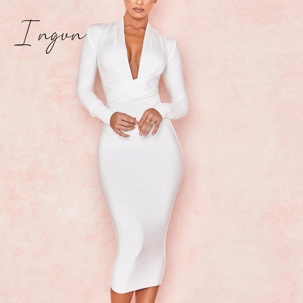 Ingvn - New Summer Deep V Neck Women Bandage Dress Full Sleeves Celebrity Bodycon Dress Sexy Club Vestidos Evening Party Dresses