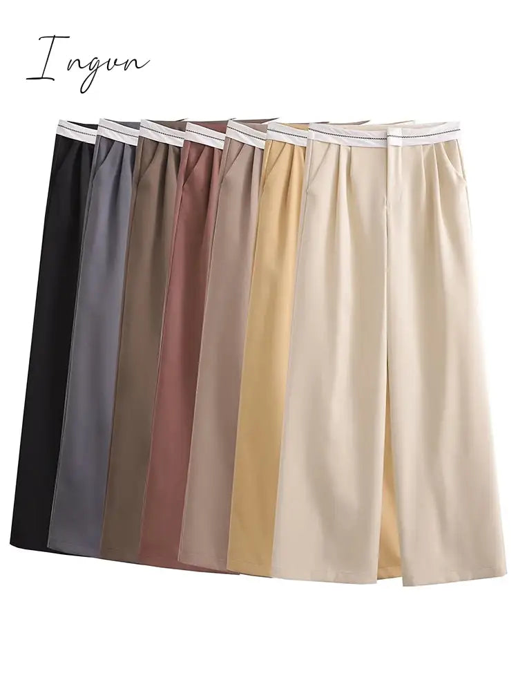 Ingvn - 2023 Women Fashion Side Pockets Patchwork Straight Pants Vintage High Waist Zipper Fly Female Casual Trousers Mujer