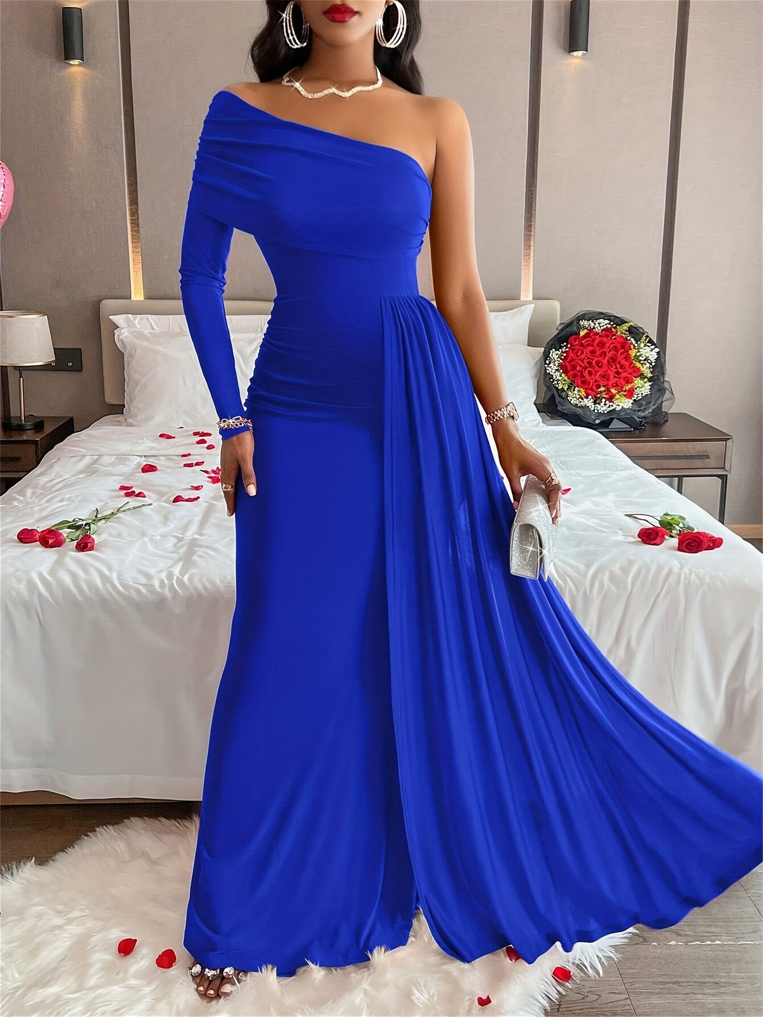 Elegant Oblique-Shoulder Long Sleeve Formal Wedding Guest Dress Maxi Dress
