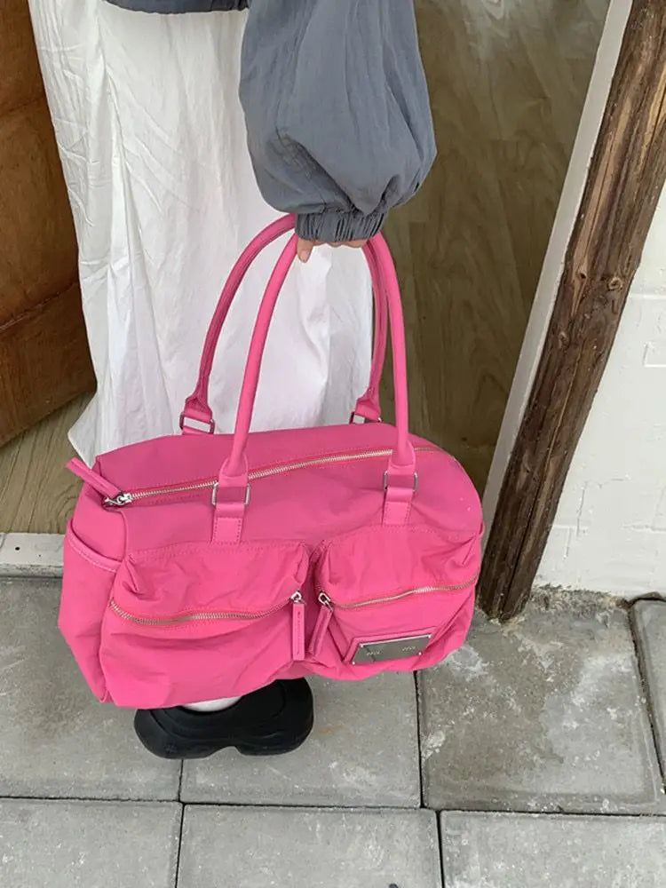 Ingvn  Women Nylon Shoulder Bag Korean Fashion Pink Y2k Handbag Large Capacity Casual Multi-pocket Tote Bag Zipper Design Travel Bag