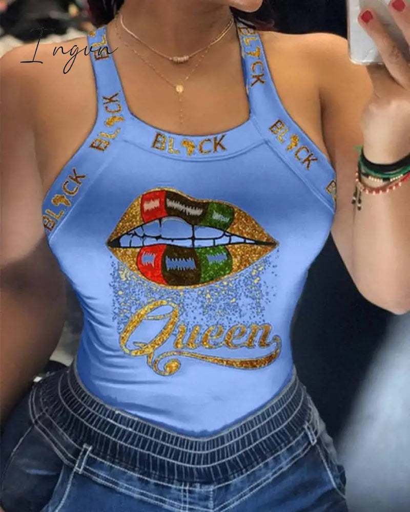 Ingvn - Tank Tops Women U Neck Letter Print Lips Vest Summer Ladies Harajuku Shirts Slim Fit Polyester Sleeveless Top Tshirts