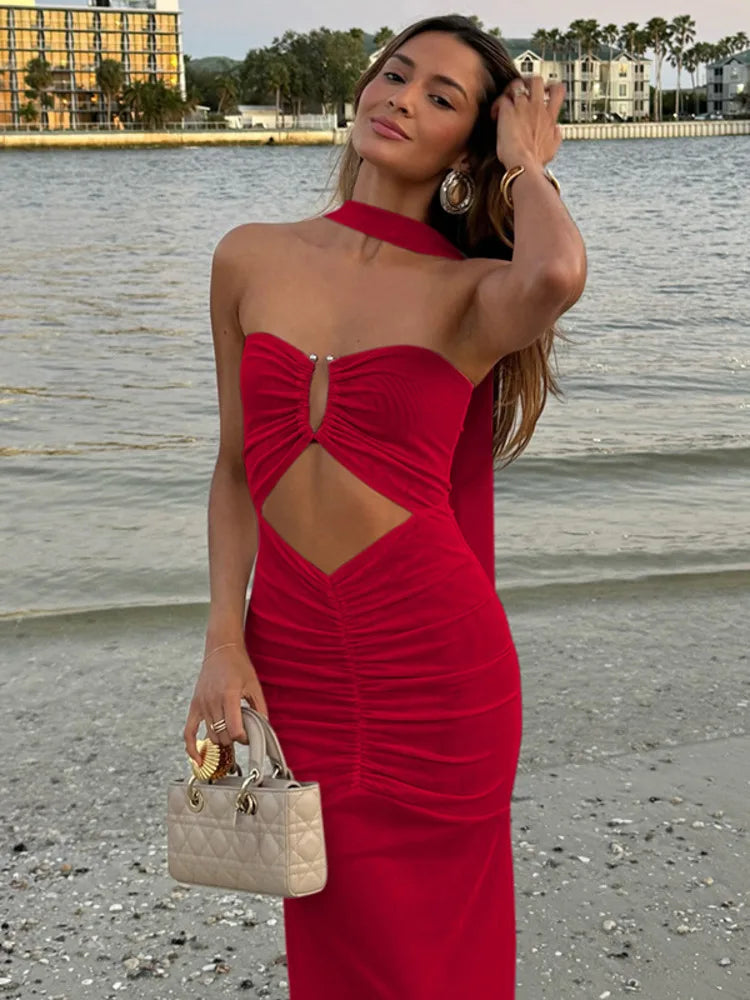 Hollow Out Backless Sexy Maxi Dress Women Gown Summer Halter Off-shoulder Backless Club Party Long Dress Elegant