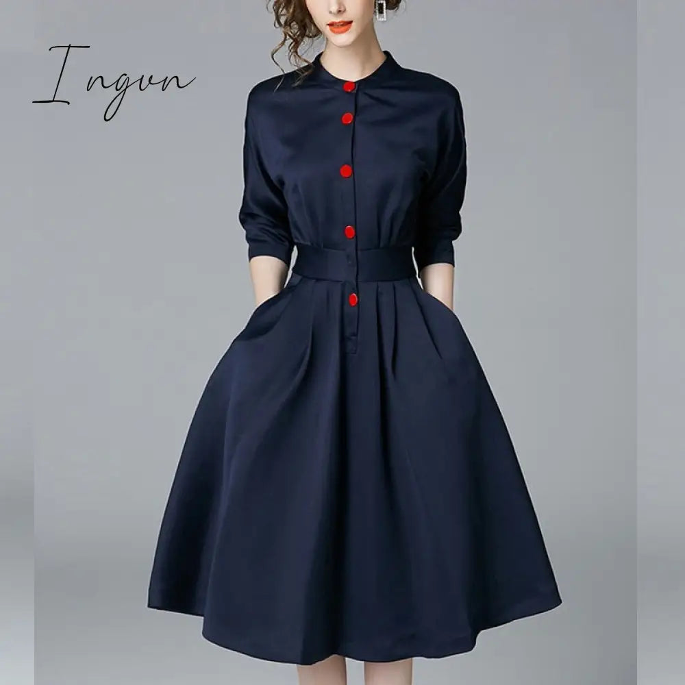 Ingvn - Elegant single-breasted shirt dress women fashion long-sleeved button office ladies shirts tunic dress female women dress