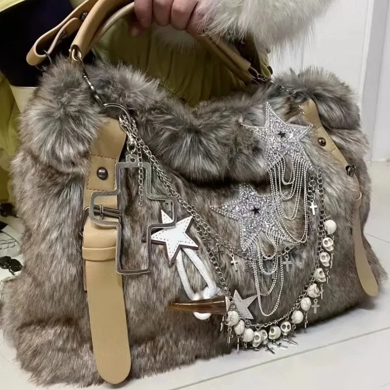 Ingvn  Y2k Gothic Womens Tote Bag Fluffy Harajuku Fashion Chains Patchwork Winter Shoulder Bag Vintage New Large Capacity Handbag