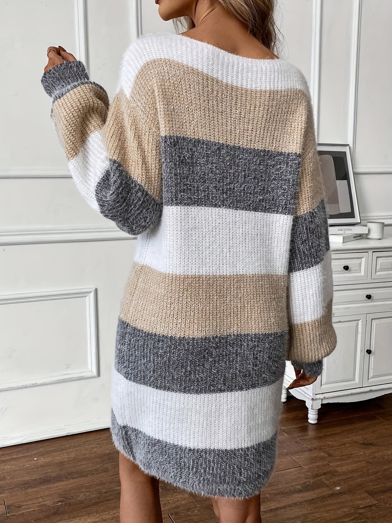 Women's Color Block Fuzzy Knitted Mini Dress - Elegant Drop Shoulder, Lantern Sleeve, Crew Neck, Perfect for Fall & Winter Season