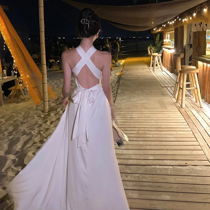 Elegant Party White Satin Long Dresses for Women Summer New Sexy Sleeveless Birthday Backless Bandage Female Clothing Robe