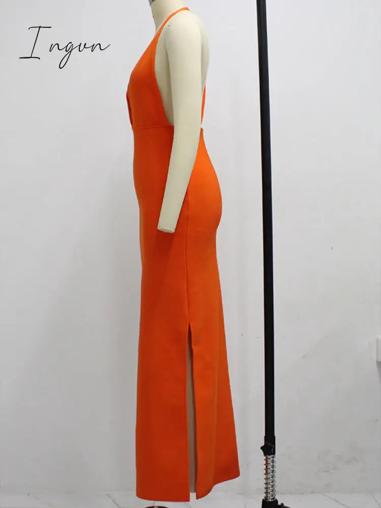 Ingvn - 2023 Fashion Trends Draped Backless Women Side Split Evening Club Party Dress New Sexy V Neck Orange Black Long Bandage Dress Vestidos