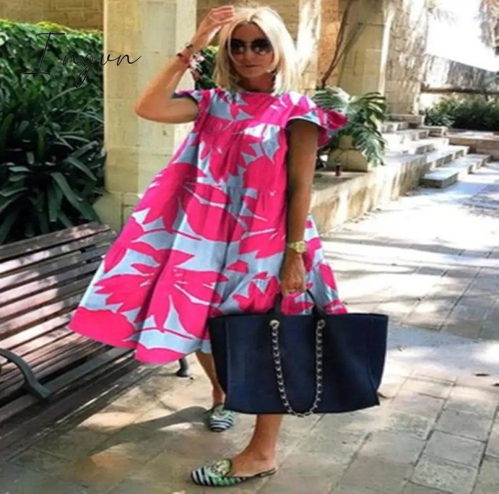 Ingvn - New Summer Solid Color Women Dress Short Sleeve Loose Chic Pleated Dress Beach Casual White Black Pink Dress Lady Vestidos