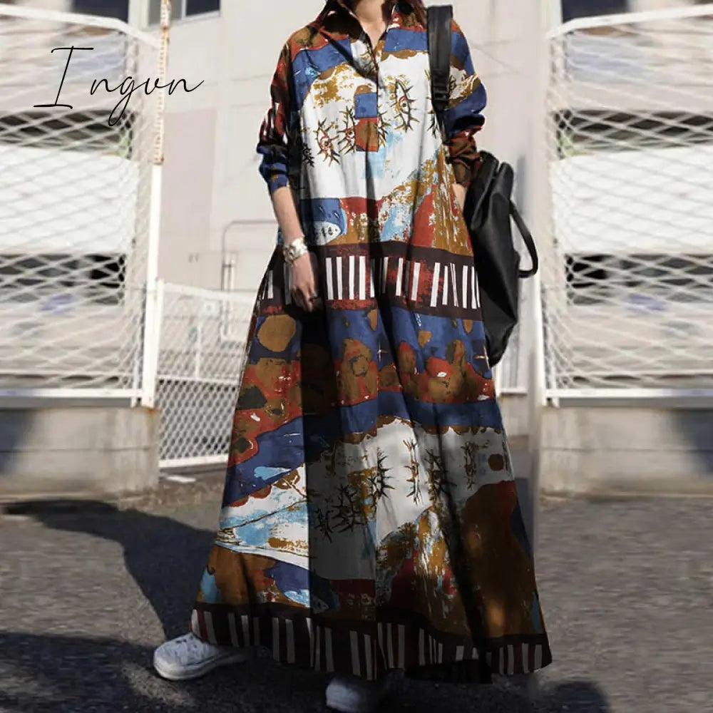 Ingvn - Summer Stylish Women Vintage Long Sleeve Loose Sundress Casual Long Maxi Dress Kaftan Femme Solid Party Vestido Robe