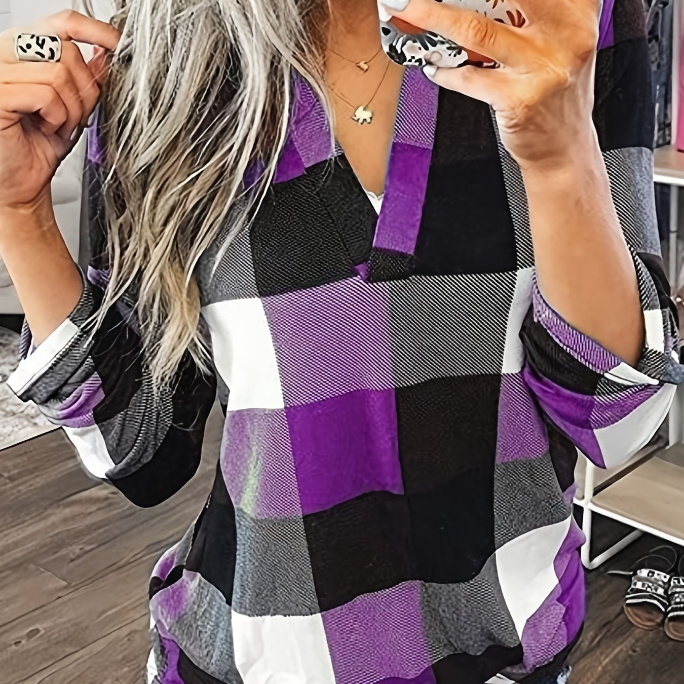 Casual Plaid Shirt, Long Sleeve V-neck Shirt, Casual Every Day Tops, Women's Clothing