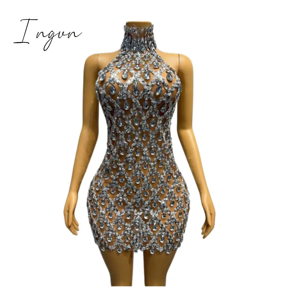Ingvn - Sparkly Black Sequins Sleeveless Birthday Stones Transparent Backless Dress Shiny Evening Celebrate Outfit Stretch Mesh shaokao