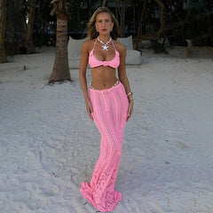 Knit Flower Lace-up Skirt Two Pieces Sets For Women Patchwork Pink Crop Tops And Slim Fit Long Skirt Two Pieces Sets