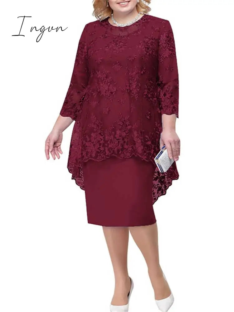 Ingvn - Women Plus Size Dress O-neck Midi Loose Dress M-5XL Lady Evening Lace Mesh Sexy Elegant Dress Female Clothing Summer Autumn
