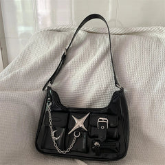 INGVN  Y2k Women Shoulder Bag Harajuku Fashion Gothic Casual Black Chains Handbag Hot Girls Pu Leather Ladies Motorcycle Bag