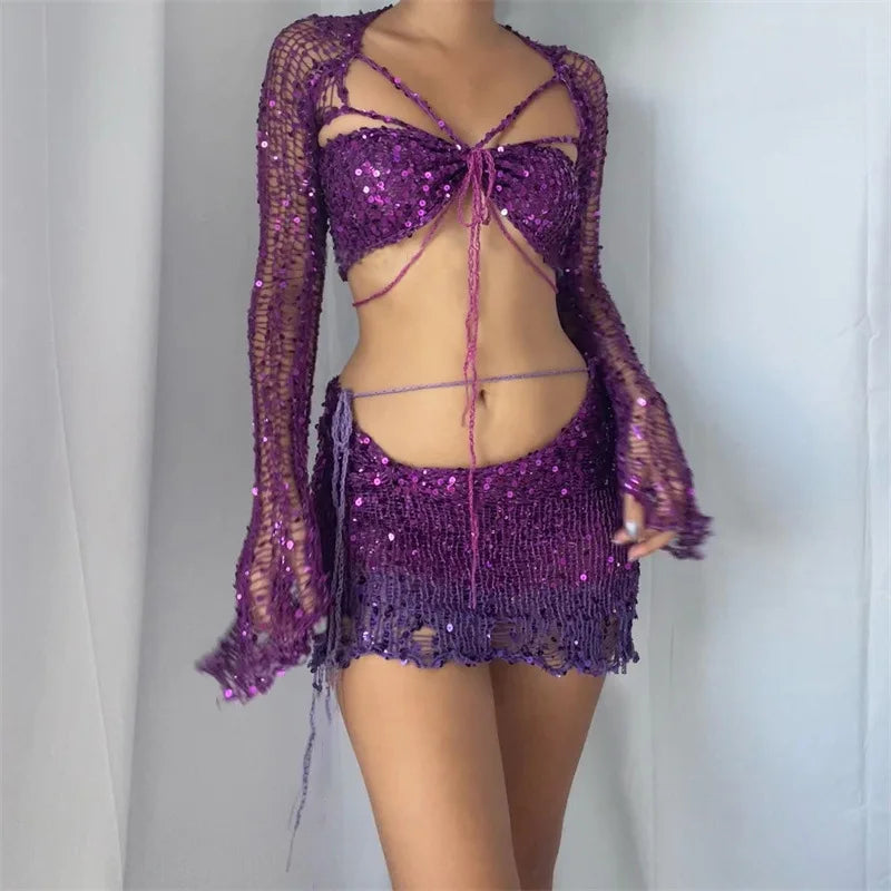 Crochet Knitted Dress Two Piece Skirt Sets Summer Women Clothes Sexy Crop Tops Elegant Knit Sequin Dress 3 Piece Set Outfit