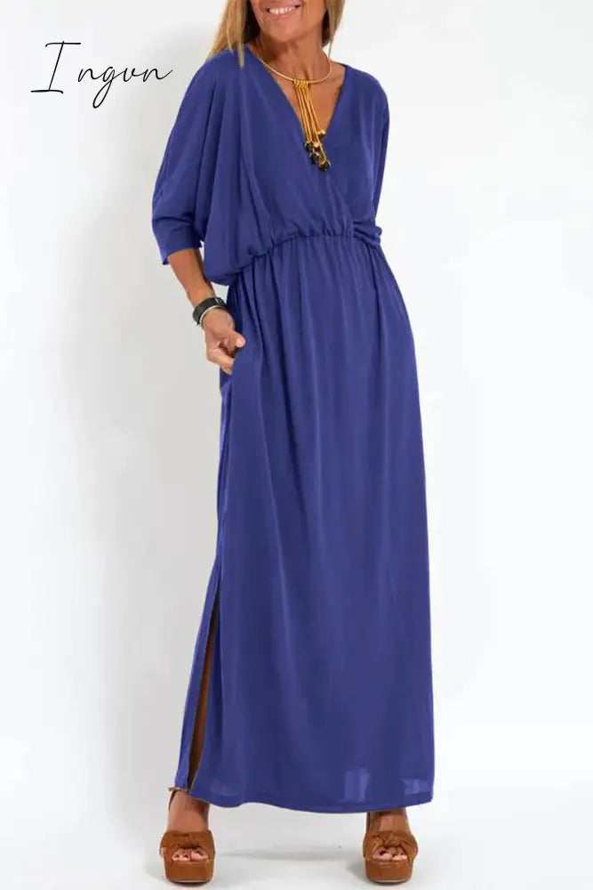 Ingvn - Casual Simplicity Solid Pocket Slit V Neck A Line Dresses