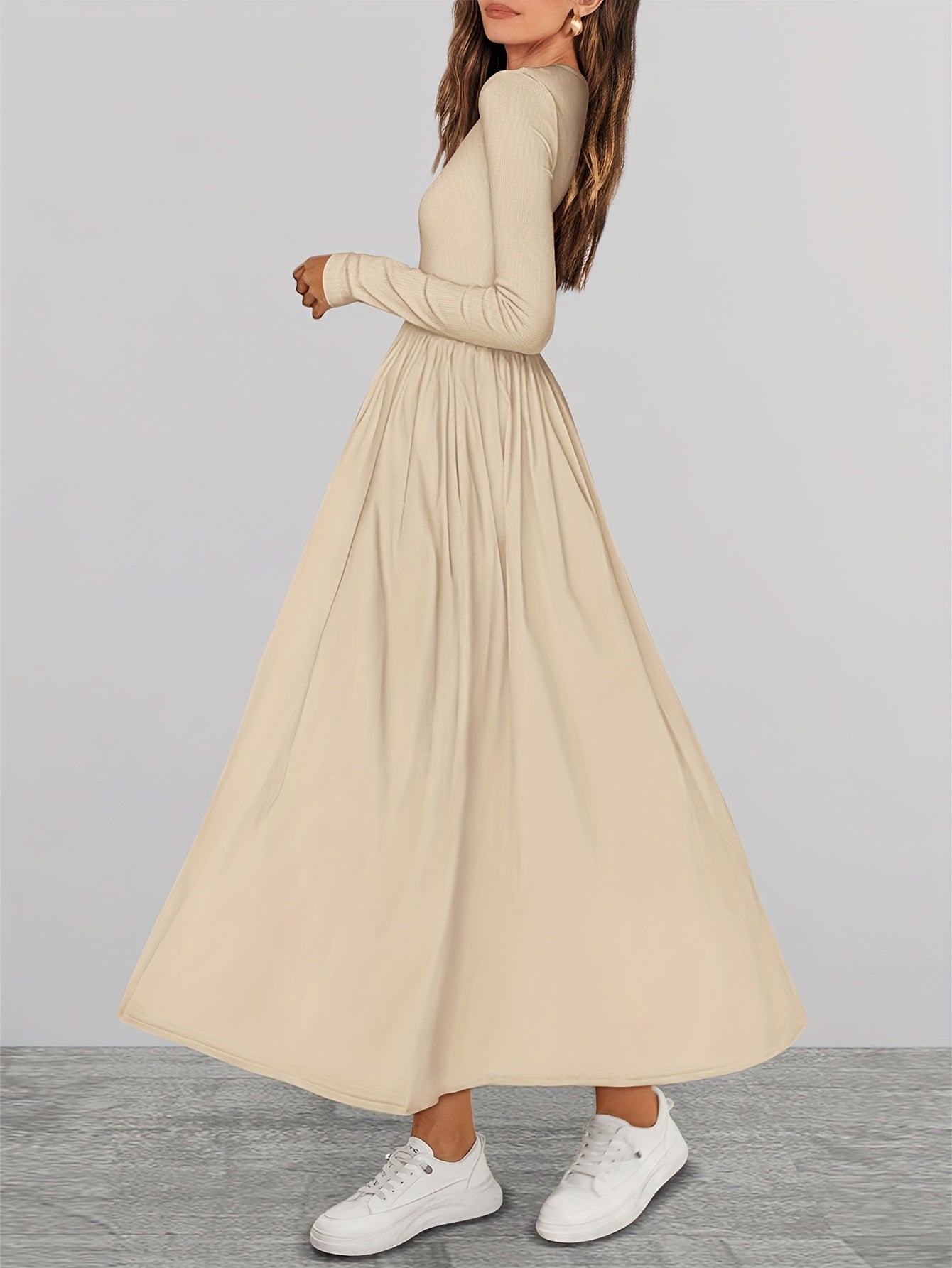 Ladies Casual Long Sleeve Wedding Guest Dress Fall Dress Elegant Bohemian Style Flowing Mid-length Dress With Pockets