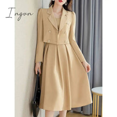 Ingvn - Autumn Korea Elegant Women Black Office Hepburn Suit Dress Casual Lapel  Blazer Coat Classic High Waist Strap Pleated Dress 3XL