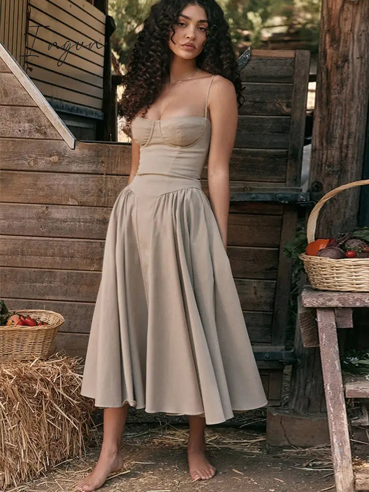 Ingvn - Summer Elegant Midi A Line Dress Lovely V Neck Spagehetti Strap Holiday Party Dress Casual Women New Arrivals 2023