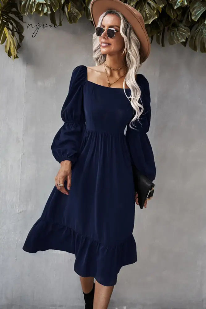 Ingvn - Square Neck Ruffle Hem Long Bubble Sleeve Midi Dress