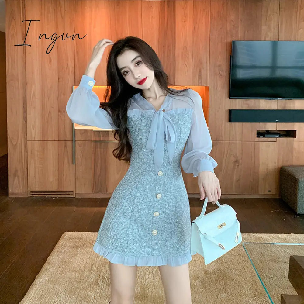 Ingvn - New Spring Vintage Sexy See-through Chiffon Patchwork Tweed Mini Dress Women Ribbon Bow Single-breasted Long Sleeve Party Dress