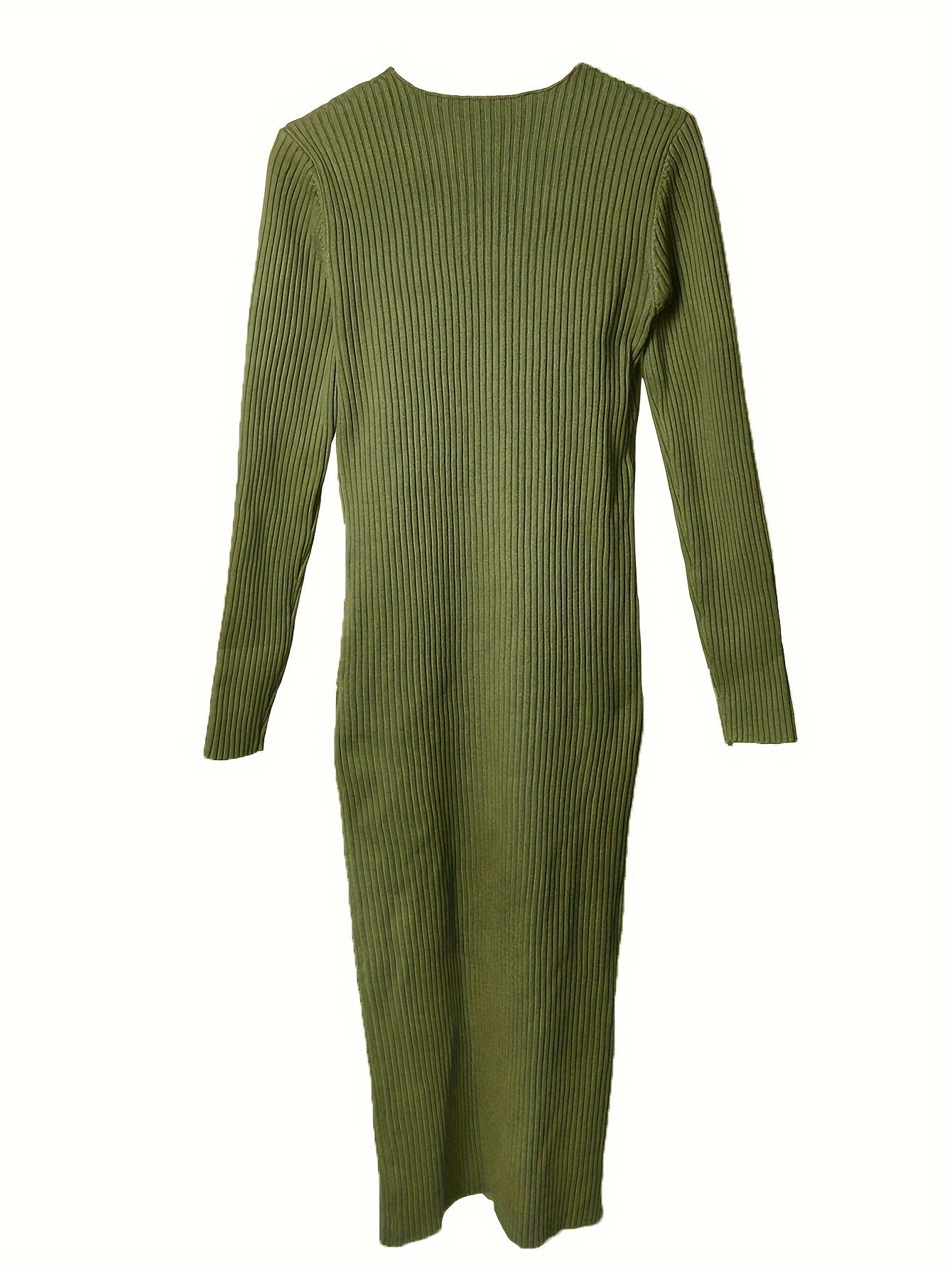 Solid Color Ribbed Long Sleeve Dress, Casual Knitted V Neck Dress For Spring & Fall, Women's Clothing