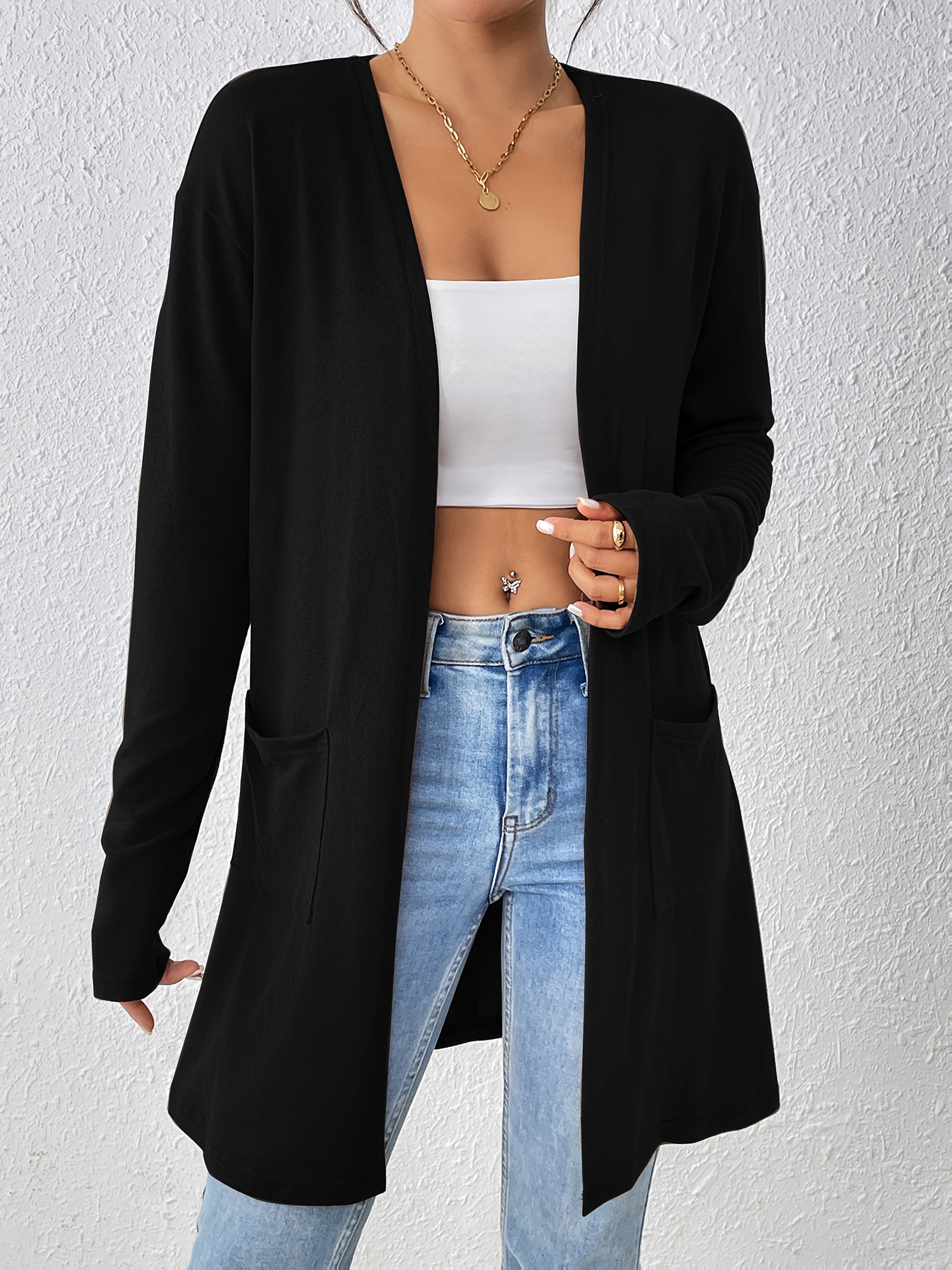 Dual Pockets Open Front Cardigan, Stylish Solid Color Long Sleeve Cardigan For Spring & Fall, Women's Clothing