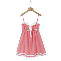 Women Lace Spliced Plaid Sling Mini Dress Sexy Sleeveless Back Lacing Up Ladies Party Skater Robe Summer Dresses