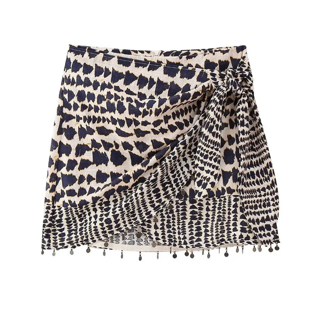 Women Fashion With Beaded Print Wrap Mini Skirt Vintage High Waist Back Zipper Female Skirts Mujer