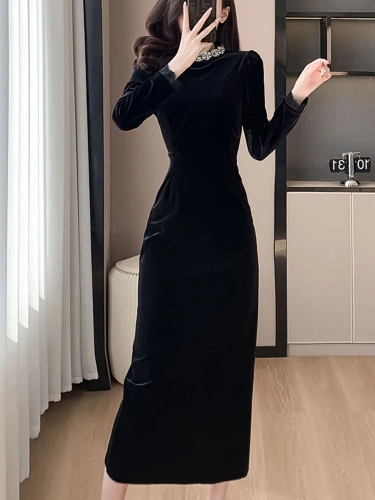 Autumn Velvet Slim Dress for Women Elegant Long Sleeve Diamond-encrusted Evening Party Robe Solid One Piece Casual Clothes New