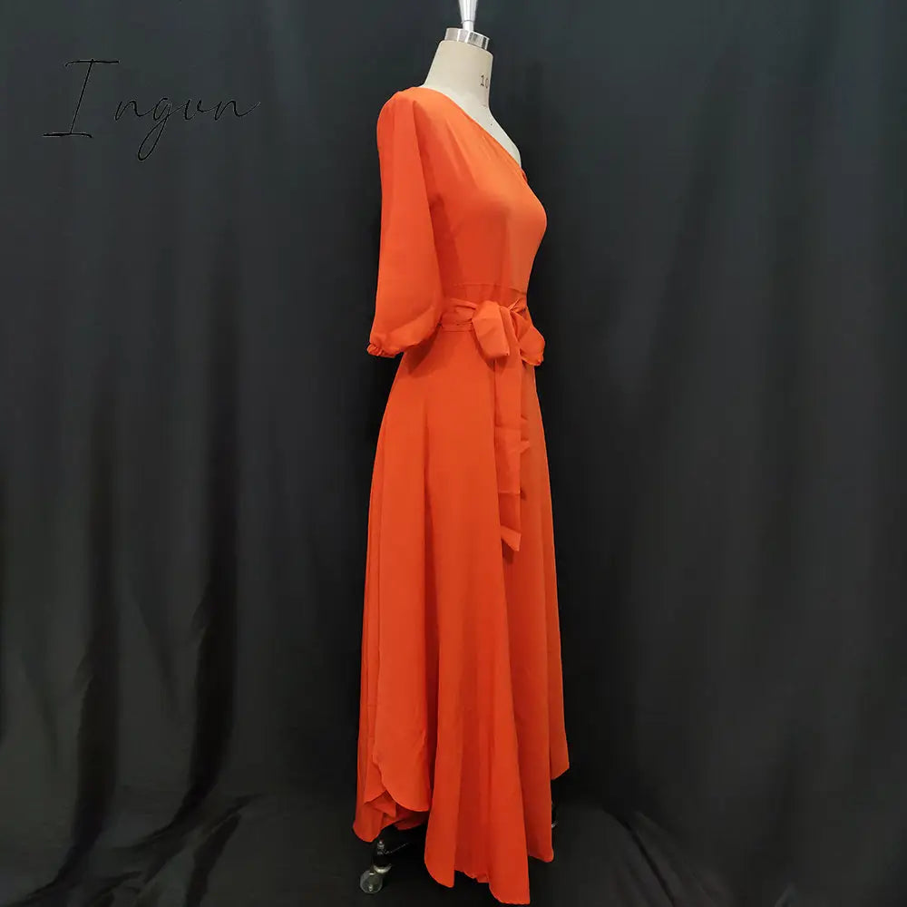 Ingvn - Women Dress Bare Shoulder Waist Belt Long A Line Pleated Orange Casual Fashion Female Ladies Elegant New Autumn Summer Robes