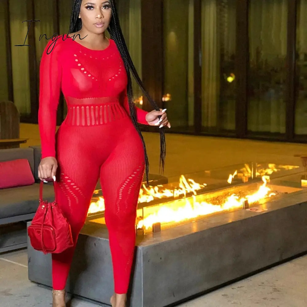 Ingvn - Hollow Out Knitted Mesh Jumpsuits Women Sexy See Through Long Sleeve Hipster Stretchy Skinny Overalls Clubwear Romper