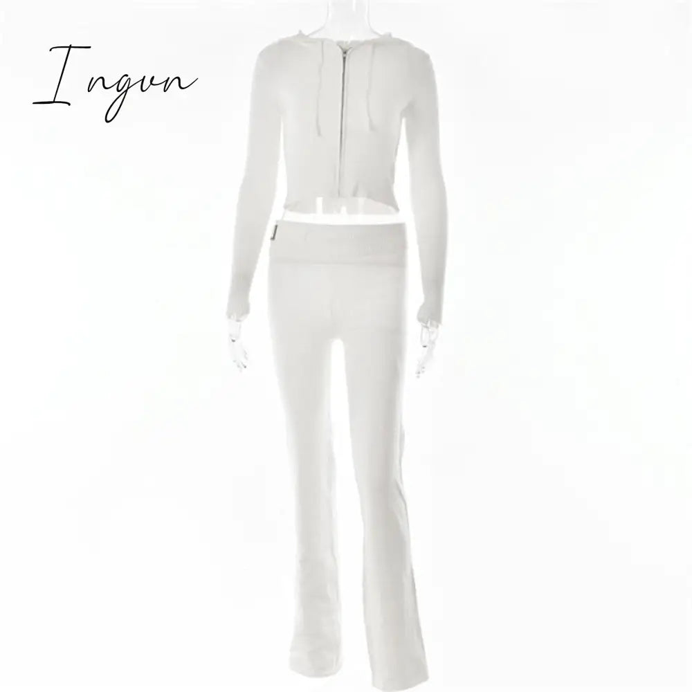 Ingvn - Zipper Lace-up Hoodies+Pant Sets 2023 Women Slim-fit Solid Cardigan Street Temperament Casual Femme Sweatshirt Suits