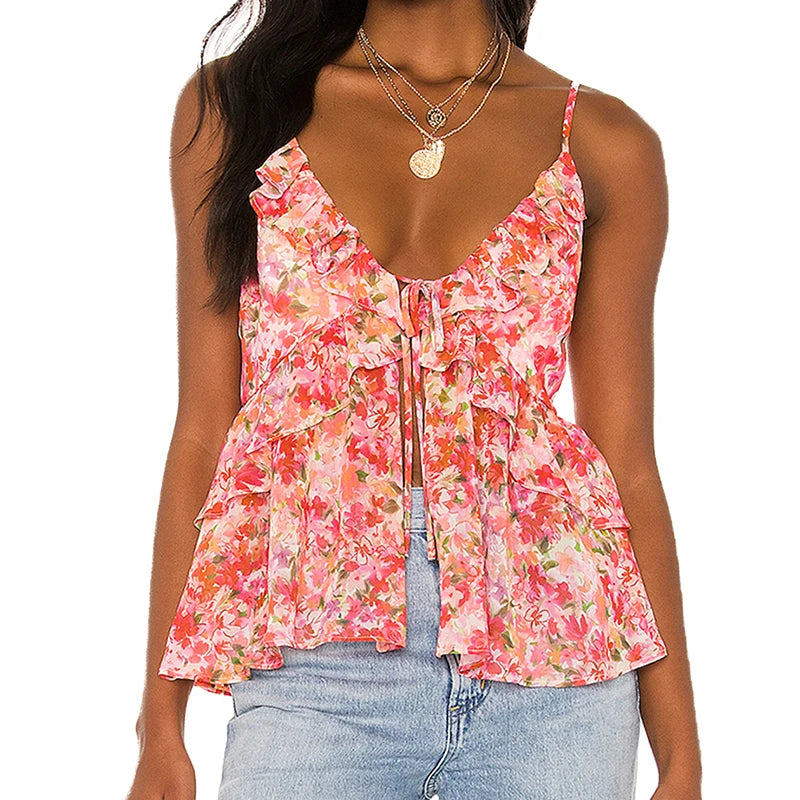 Womens Floral Ruffles Trim Camis Top Y2k V Neck Open Front Crop Tops Vest Beach Vacation Going Out Teen Girls Summer Tank Tops