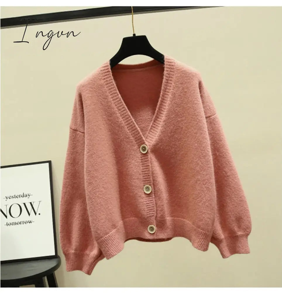 Ingvn - Oversized Cardigan Women Spring Casual Solid V Neck Long Sleeve Cardigan Sweater Female Knit Jacket Coat Green Pink