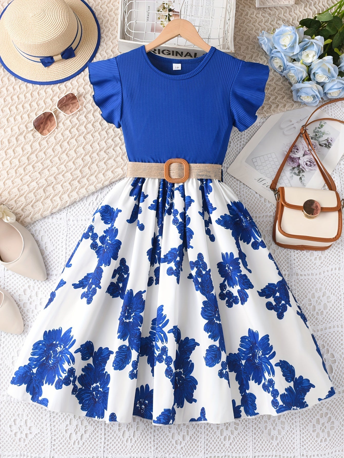 Girls Charming Floral Embroidered Dress - Soft Ribbed Flutter Sleeve - Perfect for Summer Casual Wear