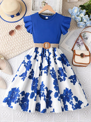 Girls Charming Floral Embroidered Dress - Soft Ribbed Flutter Sleeve - Perfect for Summer Casual Wear
