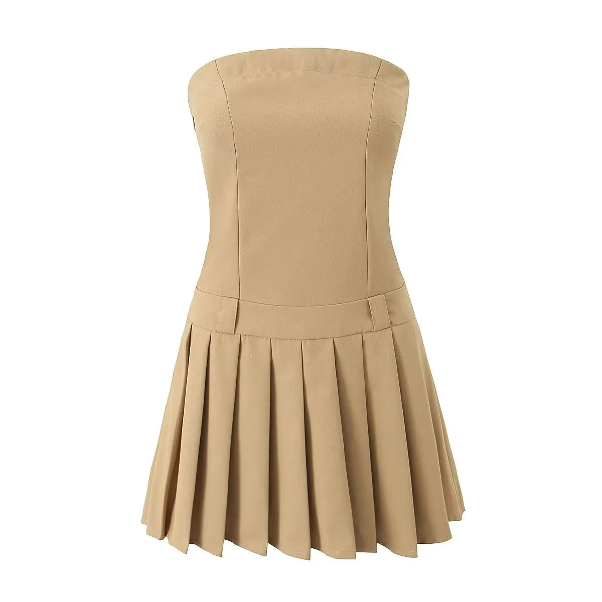 New  Women Sexy Strapless Mini Dress Slim Low Waist Pleated Hem A-line Party Robe