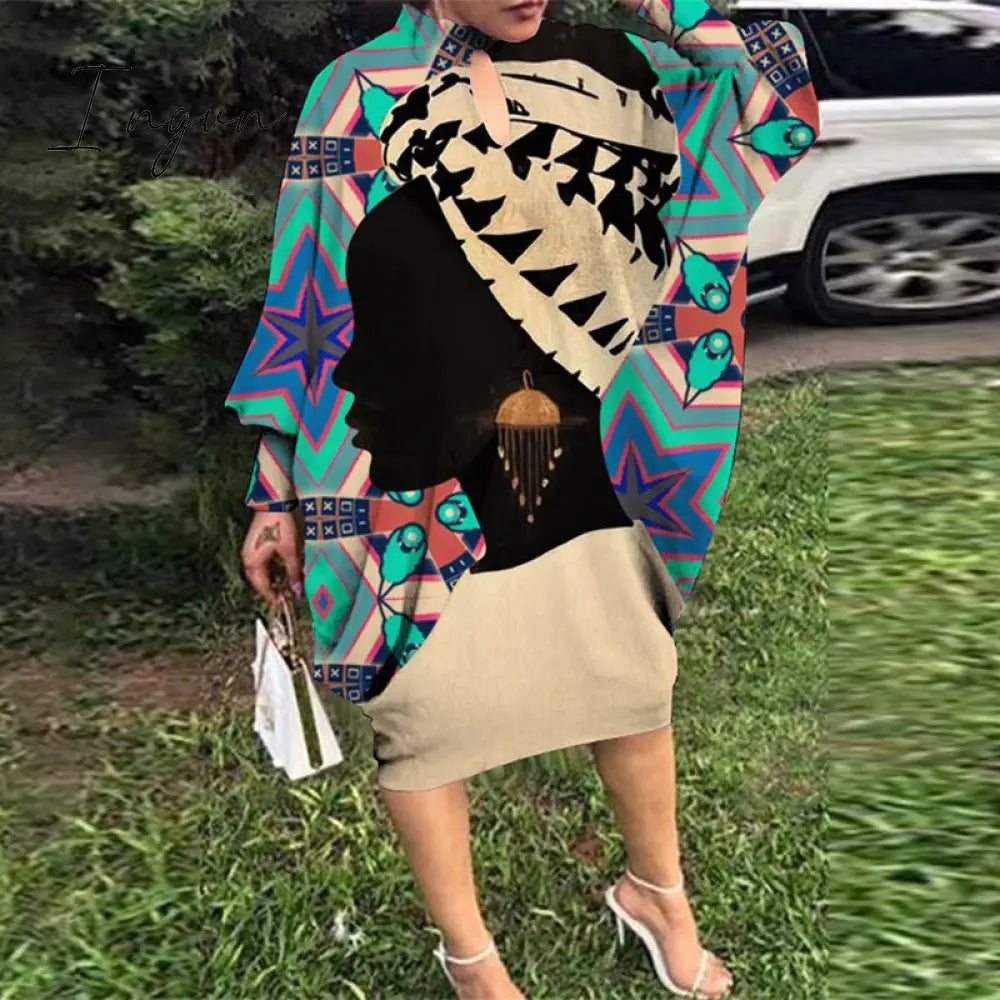 Ingvn - Autumn Fashion Streetwear Women Loose Dress Casual Printed Long Sleeves Sexy Hollow Out O Neck Irregular Dresses Elegant Women's