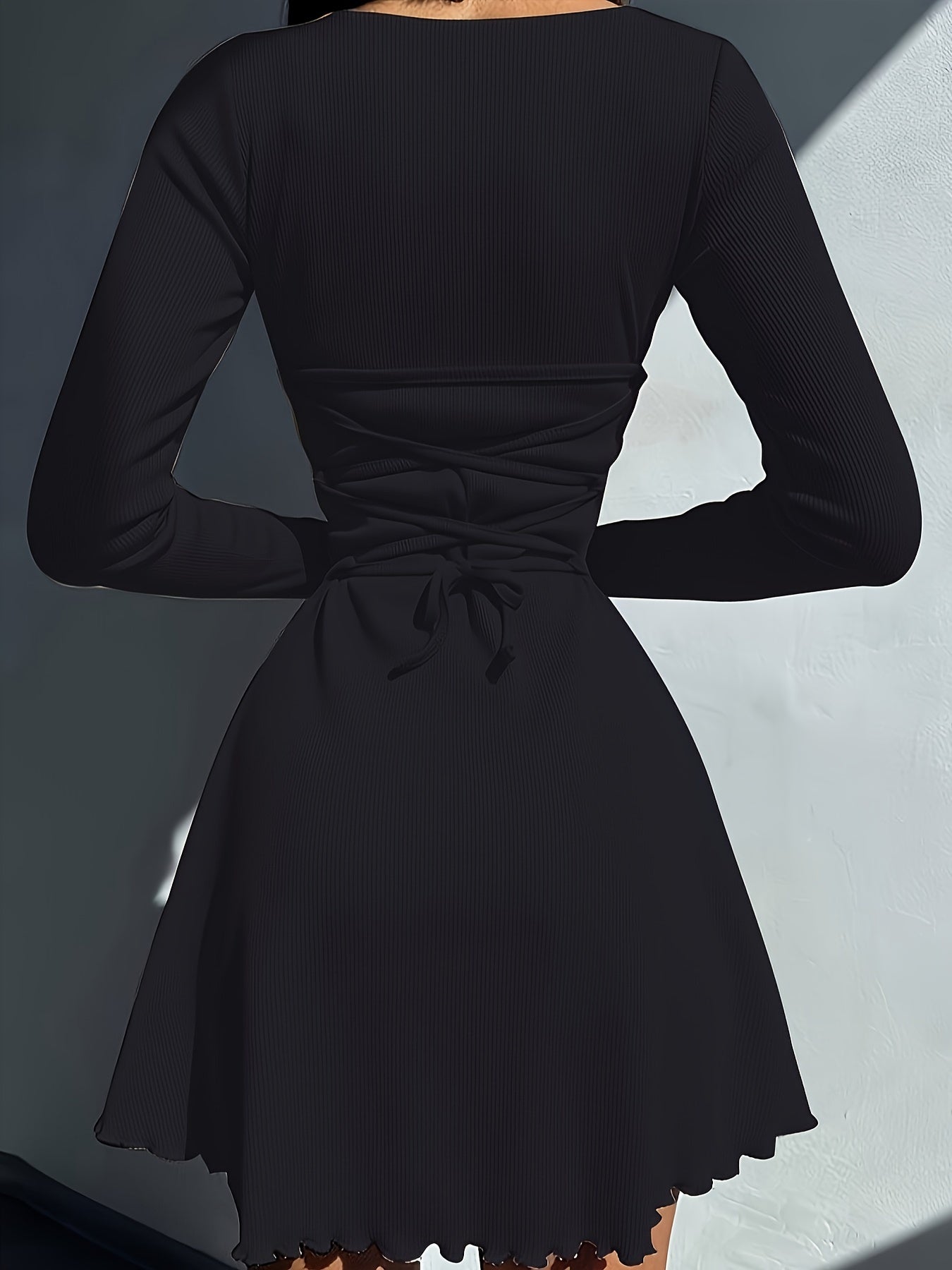 Vibrant Solid Lettuce Trim Crew Neck Dress - Flattering A-Line Silhouette, Casual Long Sleeve Design, Soft Fabric, Perfect for Spring & Fall, Womens Clothing for Everyday Wear