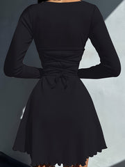 Vibrant Solid Lettuce Trim Crew Neck Dress - Flattering A-Line Silhouette, Casual Long Sleeve Design, Soft Fabric, Perfect for Spring & Fall, Womens Clothing for Everyday Wear