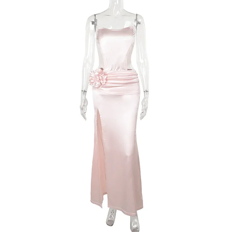 Fashion Strapless Satin Birthday Party Dresses for Women Pink Sleeveless Backless Folds Long Evening Dress Lady Split Prom Gowns